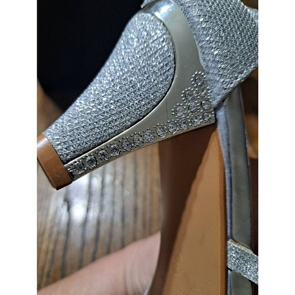 New 8.5 Forever Link Perform 60 Silver Rhinestone High Chunky Heel Dress Shoes - Picture 11 of 12